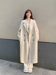 Blue Woolen Coat 2024 Autumn Winter New Korean Version Loose Mid-Length Belted Woolen Jacket for Women Commute Style Long Sleeve Double-Breasted