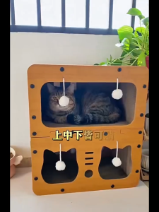 Lovinland Pet Cardboard Cat House Double Layer Cat Scratcher House for Indoor Cats Scratch & Sleep 2 in 1 Durable & Easy to Assemble with Scratching Board and Hanging Ball Toy