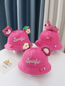 Childrens Baseball Cap Straw Bear Fashionable Bucket Hat Girl Sun Protection Hat Cartoon Fisherman Cap Autumn Cotton Blend Fabric