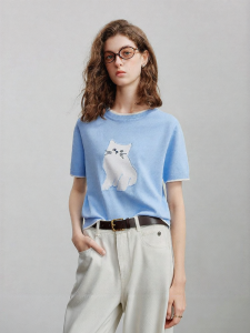 Toyouth | Áo Len Mèo Jacquard Tô Màu Đối Lập Tay Ngắn