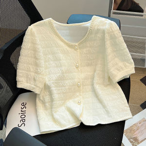 Big Sale Leak-Picking ~ Counter Withdrawal Export Summer Beaded V-neck Chiffon Shirt Womens Puff Sleeves Chic French Tops Fashion