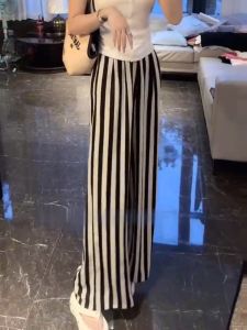 Ice Silk Wide Leg Pants Womens Thin Fashionable Summer High Waist Slimming Stripe Narrow Version Straight Cut Trousers