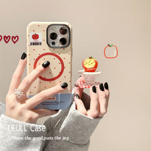 Ufull Korean Style INS Grid Dot Pattern Magnetic Suction Stand Full Cover Apple Phone Case for iPhone 16 pro Max Creative Protective Shell