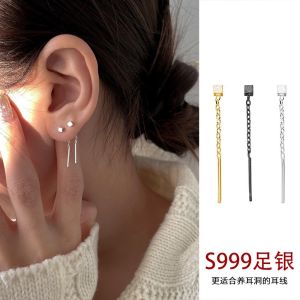 Fashionable Long Silver Earrings 999 Pure Silver Simple Elegant Womens Jewelry round Face Slimming Square Shaped Ear Cuffs