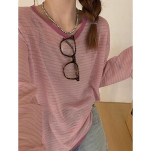 Pink Stripes Long Sleeves T-Shirt Womens Summer Ice Silk Sun Protection Shirt Blouse Air Conditioning Shirt Pullover Lazy Relaxed Feeling Tops