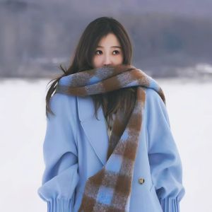 Yu Shuxin Same Style Blue Plaid Scarf Women Winter Versatile High-Grade Long Cashmere-like Shawl Warm Scarf