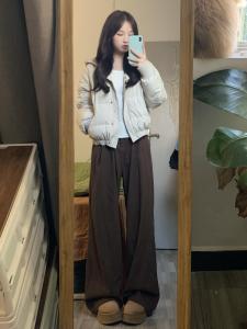 Retro High Waist Pleated Straight Leg Denim Jeans Womens Loose Slim Wide Leg Floor-Length Pants Casual Pure Color Jeans