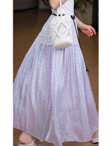 XIAOER | Dense Lustrous Silk Plush Dotted Print Lined Mid Skirt