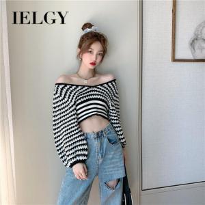 IELGY short knitted sweater womens slim temperament V-neck lantern sleeve long-sleeved top