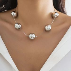 Ingemark | Màu Bạc Bóng Lớn Đính Hạt Vòng Cổ Choker Nữ Hợp Thời Trang Punk Goth Mỏng Dây Xích Grunge Trang Sức Phong Cách Khoa Học Viễn Tưởng Phụ Kiện Thời Trang