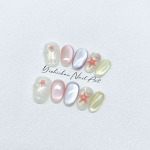 Handmade Oceanic Cat Eye Nail Tips Sweet Cute Girl Starfish Underwater World Fresh Colorful Short Elliptical Shape Nail Art