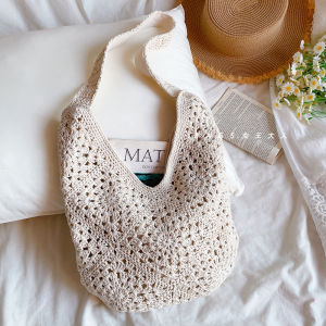 South Korea Ins Mori Style Artistic Handmade Crochet Woven Bag Casual Easiest for Match Cotton String Shoulder Bag Underarm Bag Vacation Bag