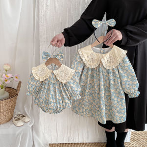 ชุดเดรสผ้าฝ้ายแขนยาวสำหรับเด็กผู้หญิงฤดูใบไม้ร่วง ลายดอกไม้ ชุดน้องสาว คอตุ๊กตา ชุดเด็ก เสื้อผ้าเด็ก ชุดเด็ก ชุดเด็ก ชุดเด็ก