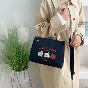 EERSHENSHI กระเป๋าถือผ้าแคนวาสสไตล์เรียบง่าย ดีไซน์หมีน่ารัก เหมาะสำหรับใช้ในชีวิตประจำวัน มีซิปและช่องใส่มือถือ