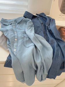 High-End Retro Washed Lyocell เดนิม เสื้อ ผู้หญิง หลวม เสื้อชั้นฐาน Drapey Layering เสื้อแจ็คเก็ต อินเทรนด์ ฤดูใบไม้ร่วง เสื้อโปโลคอแขนยาว