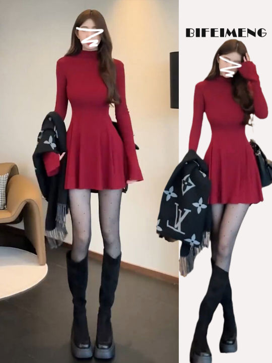 BIFEIMENG | Đầm Ngắn Ôm Eo Màu Đỏ Thu Cho Phụ Nữ Bé Nhỏ Có Tầng Lót ...