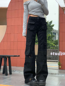 Quần Jeans Công Sở Retro Đen Nhiều Túi Cho Nữ Quần Dài Ôm Dáng Cạp Cao Mùa Xuân 2025 Quần Dài Thường Ngày