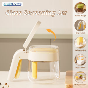 JustLiving 1Pc Glass Condiment Spice Jars Clear Condiment Canisters Pots with Lids and Spoons Kitchen Press-and-Flip Seasoning Box Condiment Jar Spice Container Salt Container Sugar Bowl