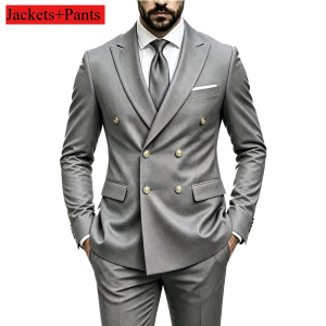 Mens Fashion Business 2-Piece Suit Set Peak Lapel Double Breasted Blazer with Pants for Prom Dinner Formal Wedding Male Outfit