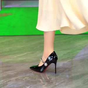 Elegant Nude Pointed Toe High Heels Womens Fashion Single Shoes French Style Diamond Buckle Patent Leather Evening Shoes
