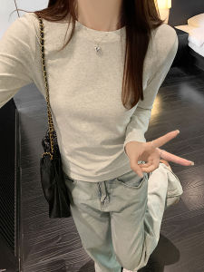 American Style Chic Long Sleeve Pure Cotton Womens T-shirt Slim Fit Base Shirt Inner Wear Waist Cinching Slimming Top