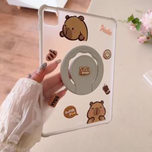 Cute Capybara 360° Rotatable Circular Holder Matte Translucent Hard Shockproof Tablet Case For iPad 11 2025 10 9 8 Gen Mini 7 6 Air 6 5 4 2 1 Pro 11 12.9 inch M4 M3 M2 2026 8.3 9.7 10.2 10.9 13 inch Cartoon Pad Cover With Foldable Rotating Stand