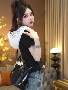 Lace Patchwork Hat Short Sleeve Womens T-shirt Slimming Design Korean Style Commute Pure Color Summer Moisture Wicking