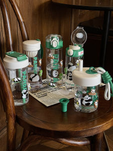 Portable Sporty Panda Plastic Water Bottle High Aesthetic Value Student Handy Cup Summer 2025 New Design Durable Carry Handle