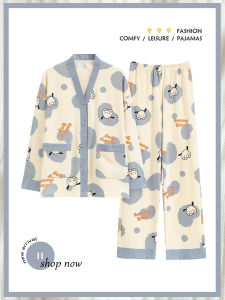 Langsha Womens Pure Cotton Long Sleeve Long Pants Sleepwear V-neck Home Clothes Set Loose Casual Outerwear Large Size