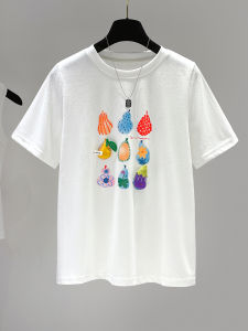 Áo Thun Nữ Tay Ngắn in Họa Tiết Mùa Hè Thiết Kế Mới Rộng Rãi Vai Áo Ngắn Dáng Thon Màu Trắng Thời Trang Thường Ngày