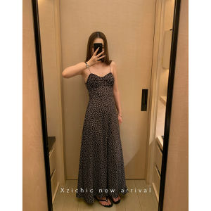 ชุดเดรสยาวผ้าชีฟองลายจุดสไตล์ฝรั่งเศส Xziชิค ฤดูร้อนปี 2025 กระโปรงทรงเอ ชุดเดรสยาวคลุมเข่า แขนกุด คอวี กระโปรงทรงเอ