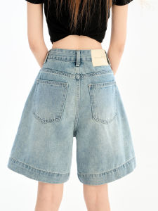QIAOMIDUO | Summer Thin Light Blue Five-Point Womens Jeans Loose Wide-Leg Pants High Waist Cotton Denim Anti-Wrinkle Compact Fit Shorts