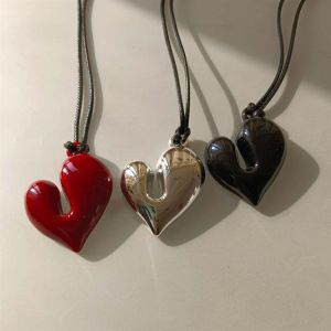 New Red Acrylic Heart Pendant Necklace for Women Men Simple Black Rope Long Pull Adjustable Sweater Chain Jewelry Gift