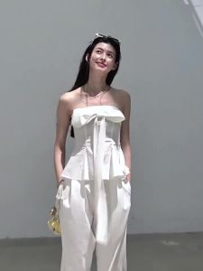 Tank Top and Palazzo Pants Set with Ribbon Lyocell Linen