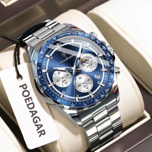 POEDAGAR Fashion Men Wristwatch Waterproof Luminous Stainless Steel Man Watch Chronograph Date Sport Luxury Quartz Mens Watches