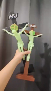 15.5 Inches Wooden Luminous Crucifix with Stand and St. Benedict Medal Glow in the Dark
