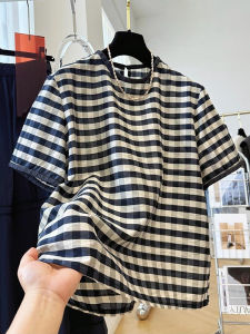 Retro Contraband Color Plaid Shirt Women Loss Weighthide Imperfections Casual Loose Style round Neck Short Sleeve Summer 2025