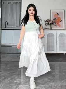 Plus Size White Tiered Skirt Womens Summer Plus Size Ladies Slim Looking Elastic Waist A- line Pleated Small Cover Skirt