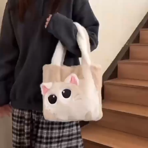 MOUSSON  กระเป๋าโท้ทขนกระต่ายเร็กซ์เลียนแบบแมวน่ารักปักสีตัดกันกระเป๋าถือไหล่เดียวนุ่มน่ารักแฟชั่นสตรีทแมทช์ทุกวัน