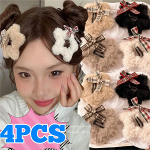 4pcs Sweet Girls Fluffy Star Hairpins Children Kid Y2K Faux Fur Bobby Pins Solid Color Pentagram Hair Clip Cute Side Hair Grip