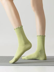 Womens Yoga Socks Spring Summer Turn-down Edge Medium Tube Anti-slip Fitness Exercise Long Socks Pilates Edge Wood Ear