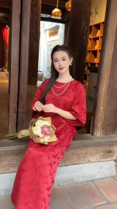 Áo Dài Tết Gấm Thêu phối Quần Lụa Latin Dáng Suông Dễ Mặc Sang Đẹp phom cho nàng 45-65kg