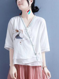 Elegant Cotton Linen Blouse with Embroidered Bird And Flower Motif V-Neck Mid-Sleeve Retro Chinese Style Womens Top