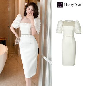 Happy Diva เดรสผู้หญิง เดรสสีขาว เดรสแขนสั้น เดรสซาติน ชุดราตรี เดรสออกงาน เดรสไปงานแต่ง เดรสเซ็กซี่ เดรสเกาหลี 50106