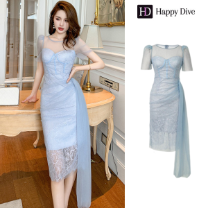 Happy Diva เดรสผู้หญิง เดรสสีฟ้า สีส้ม เดรสลูกไม้ เดรสทำงาน เดรสไฮโซ เดรสออกงาน เดรสไปงานแต่ง เดรสเซ็กซี่ เดรสฝรั่งเศส 20601