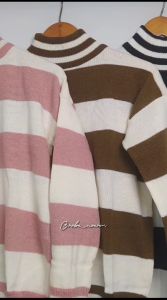 Turtleneck Sweater Rajut Oversize Premium - Sweater Wanita Premium Motif Stripe
