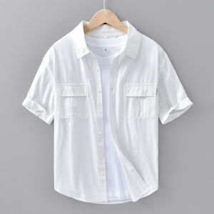 Japanese Style Mens Pure Cotton Short Sleeve Shirt Casual Loose Fit Summer Solid Color Commute Thin Half Sleeve Top