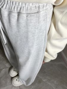 High Waist Cotton Sports Pants Womens Spring Autumn White Grey Casual Loose Wide Leg Trousers with Drawstring Knitted