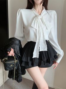 GUZILIAN | Sweet Gentle Lace Trim Butterfly Knot Long Sleeve Shirt High Waist Puffy Cake Skirt Pants Set Ladylike Slim Fit Online Exclusive Lantern Sleeve Hooded Coat