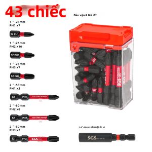 Bộ Mũi Vặn Vít Điện Từ Titan Impact 43 Món Đầu Chữ Thập PH2 Thép S2 Từ Tính Dài 25mm & 50mm Kèm Dụng Cụ Lắp Đặt Ốc Vít Trong Hộp Đen